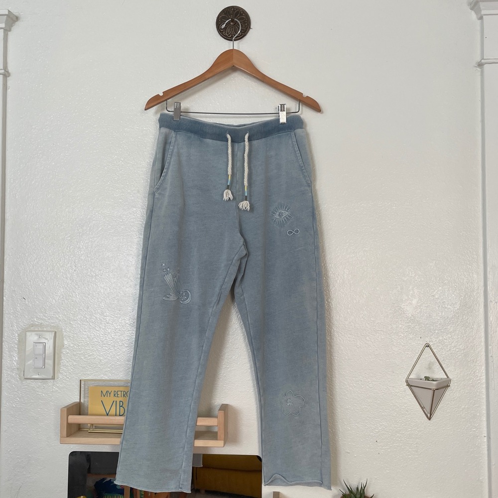 Spiritual Gangster Blue Mineral Wash Embroidered Lounge Pants Small